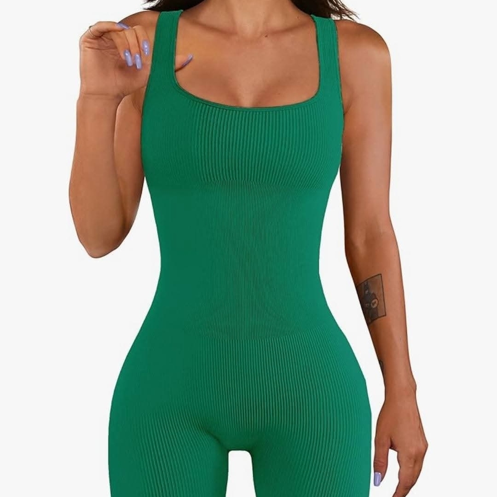 Green Ribbed Sleeveless Jumpsuit